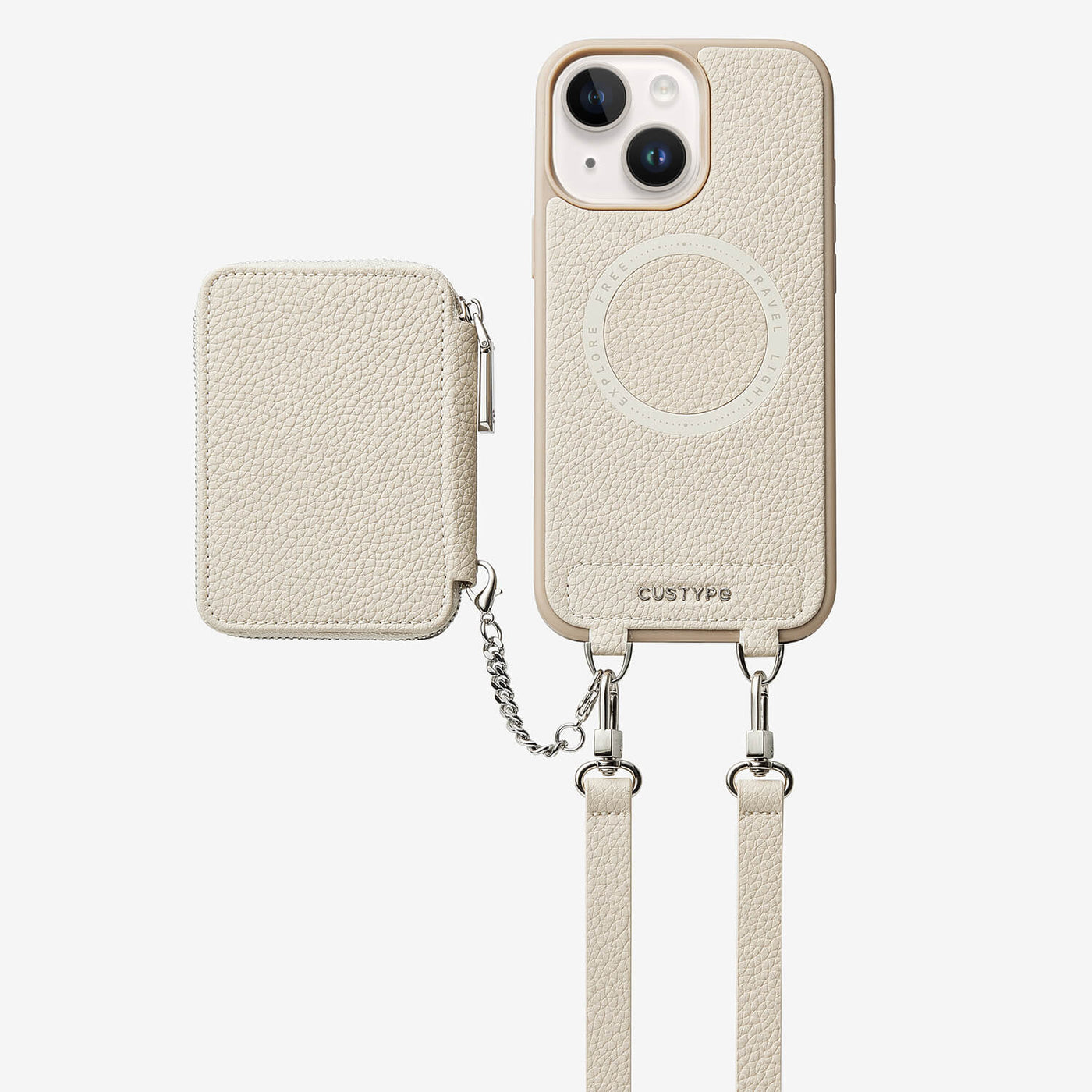 Lunar Silver Series- Wireless Charging Wallet Phone Case with Crossbody Strap-Mobile Phone Cases-DETACHABLE WALLET & PHONE POUCH-Beige-iPhone 15-Custype