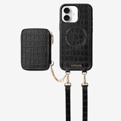 Crocodile Craft Set- Detachable Wireless Charging Crossbody Wallet Phone Case Set-Mobile Phone Cases-DETACHABLE WALLET & WIRELESS CHARGING-Black-iPhone 16 Plus-Custype