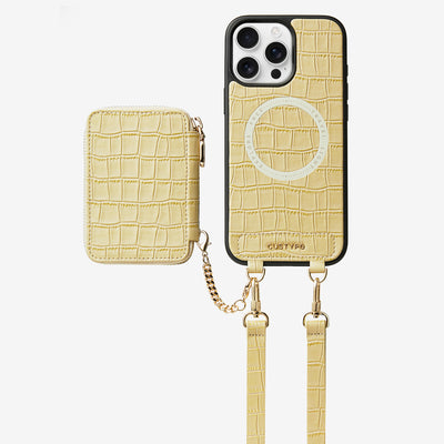 Crocodile Craft Set- Detachable Wireless Charging Crossbody Wallet Phone Case Set-Mobile Phone Cases-DETACHABLE WALLET & WIRELESS CHARGING-Beige Yellow-iPhone 16 Pro Max-Custype