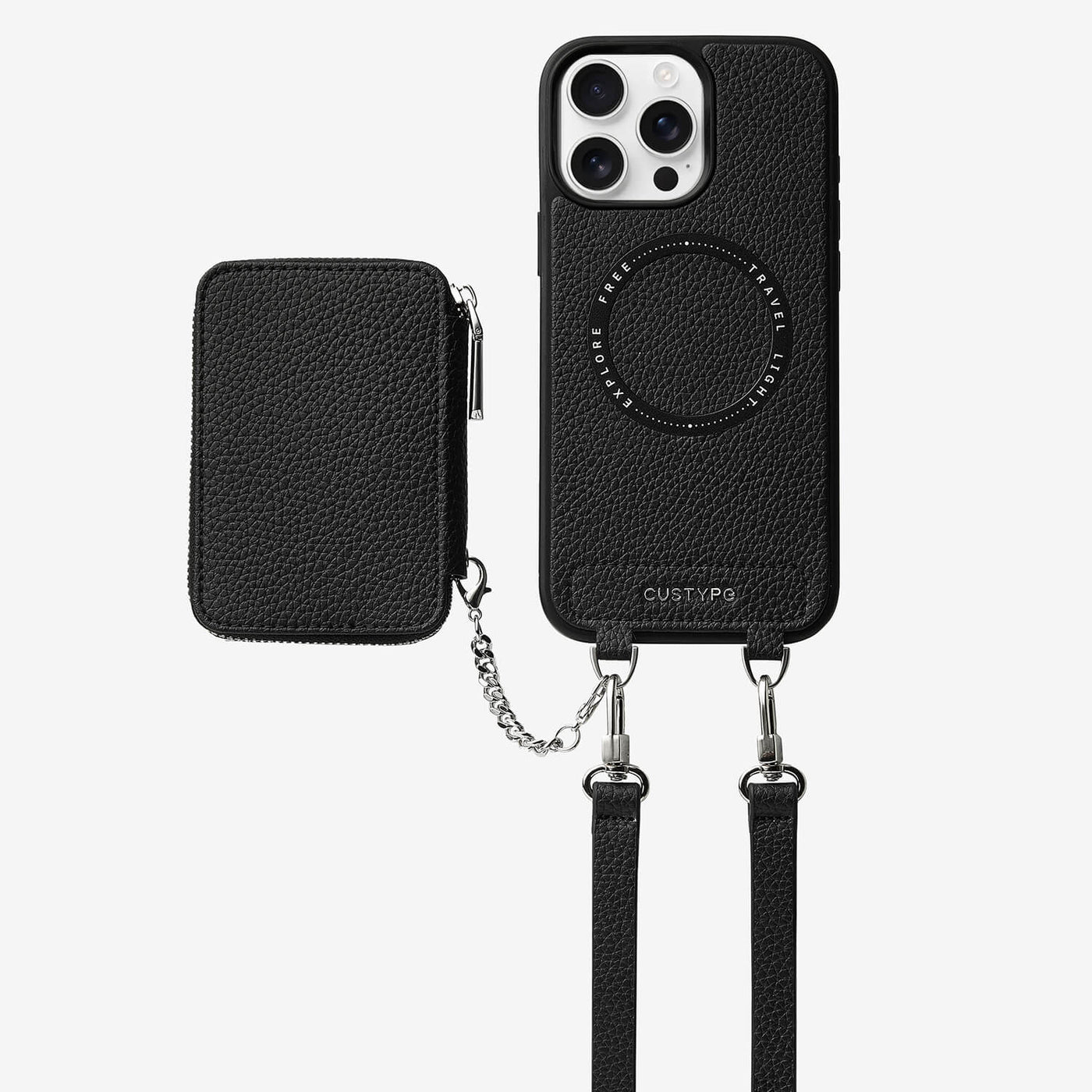 Lunar Silver Series- Wireless Charging Wallet Phone Case with Crossbody Strap-Mobile Phone Cases-DETACHABLE WALLET & PHONE POUCH-Black-iPhone 16 Pro Max-Custype