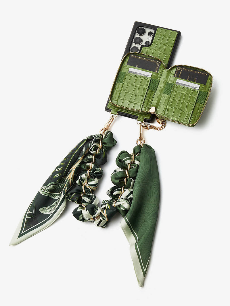 Silk Flair Set- Samsung Crocodile Removeable Wallet Phone Case with Wrist Strap-Mobile Phone Cases-WRISTBAND & PHONE POUCH-Brown-Samsung S25 Ultra-Custype