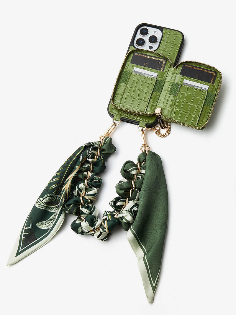 Silk Flair Set- Crocodile Wrist Lanyard Wallet Phone Case Compatible MagSafe-Mobile Phone Cases-WRISTBAND & PHONE POUCH-White-iPhone 16 Pro Max-Custype