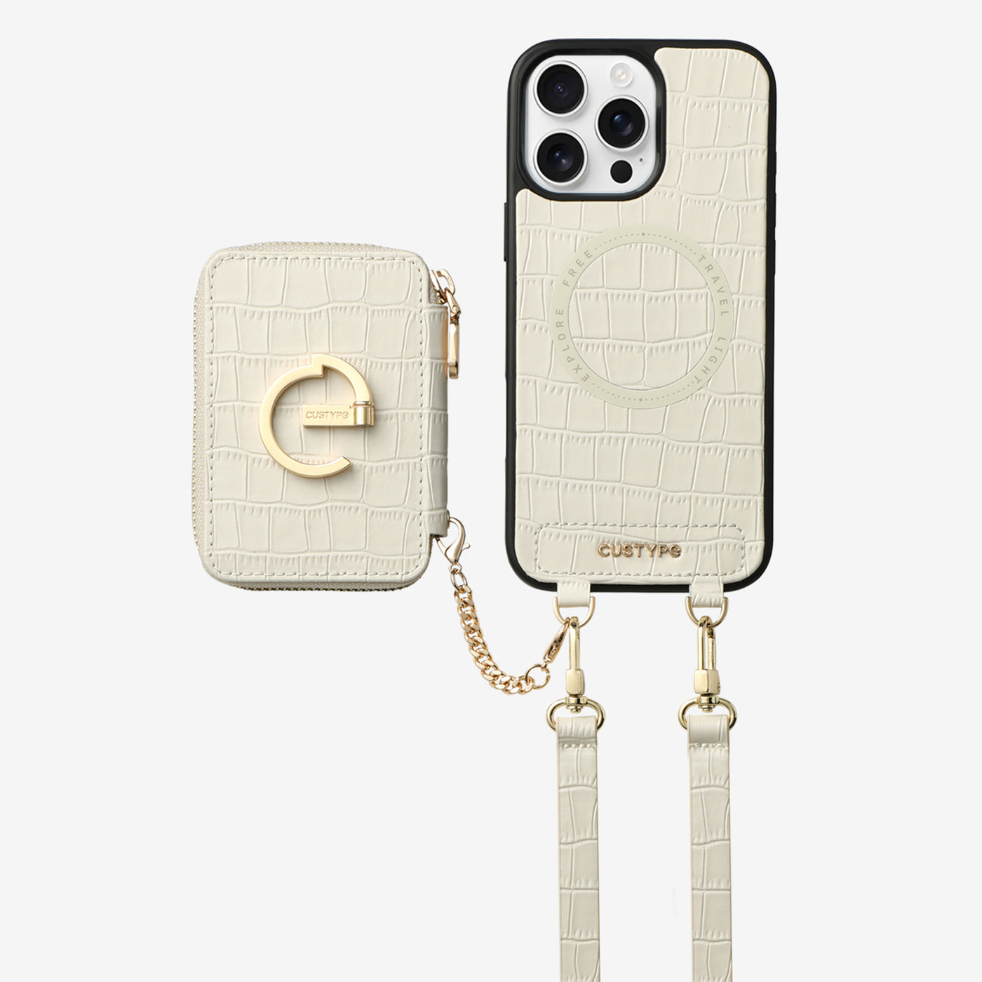 Crocodile Design Set- Detachable Wireless Charging Crossbody E-stand Wallet Phone Case Set-Mobile Phone Cases-DETACHABLE WALLET & WIRELESS CHARGING-White-iPhone 16 Pro Max-Custype