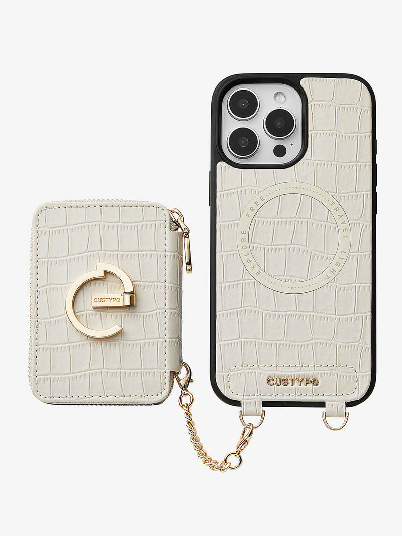 Crocodile Design Set- Detachable Wireless Charging Crossbody E-Stand Wallet Phone Case Round Pouch Set-Mobile Phone Cases-DETACHABLE WALLET & ROUND POUCH-Brown-iPhone 16 Pro Max-Custype