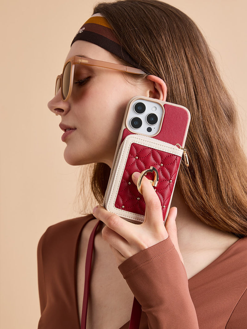 Embroidery Craft Set- Detachable Wireless Charging Crossbody Wallet Phone Case Round Pouch Set-Mobile Phone Cases-DETACHABLE WALLET & ROUND POUCH-Argyle-Black-iPhone 16 Pro Max-Custype