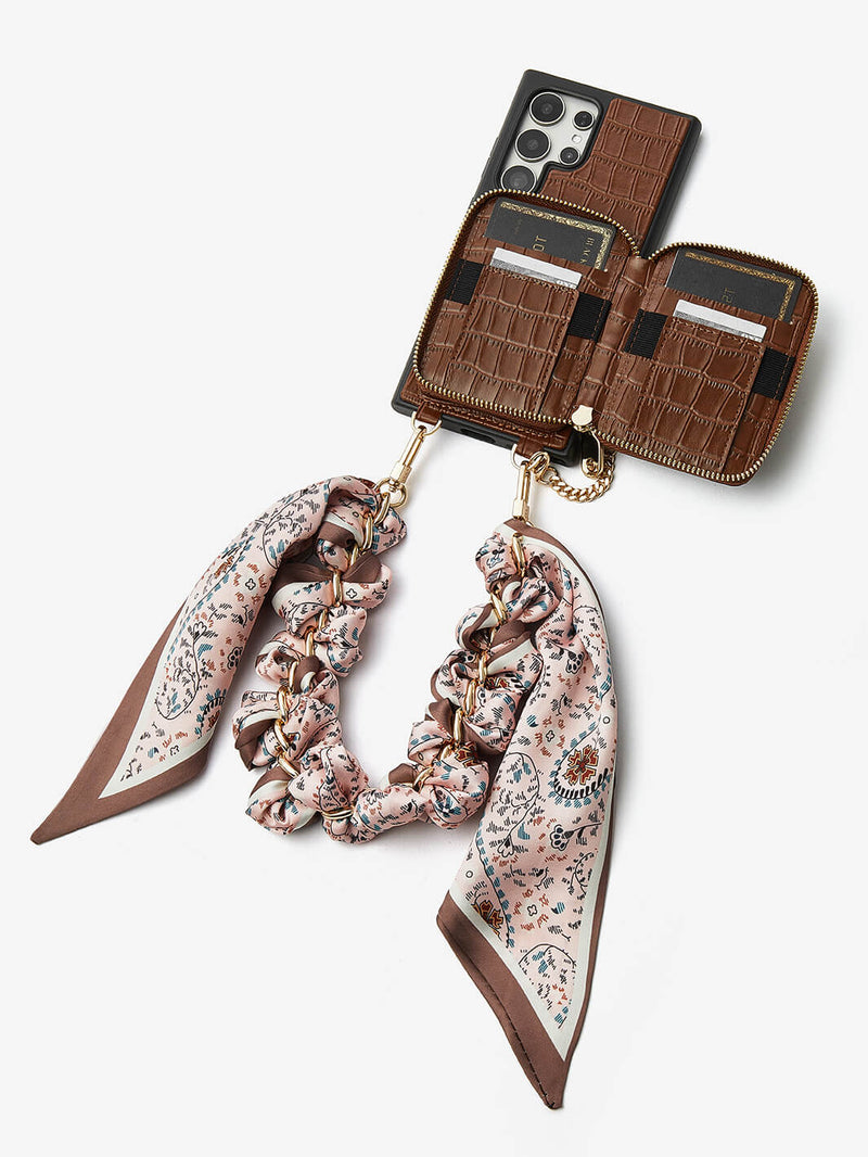 Silk Flair Set- Samsung Crocodile Removeable Wallet Phone Case with Wrist Strap-Mobile Phone Cases-WRISTBAND & PHONE POUCH-Brown-Samsung S25 Ultra-Custype