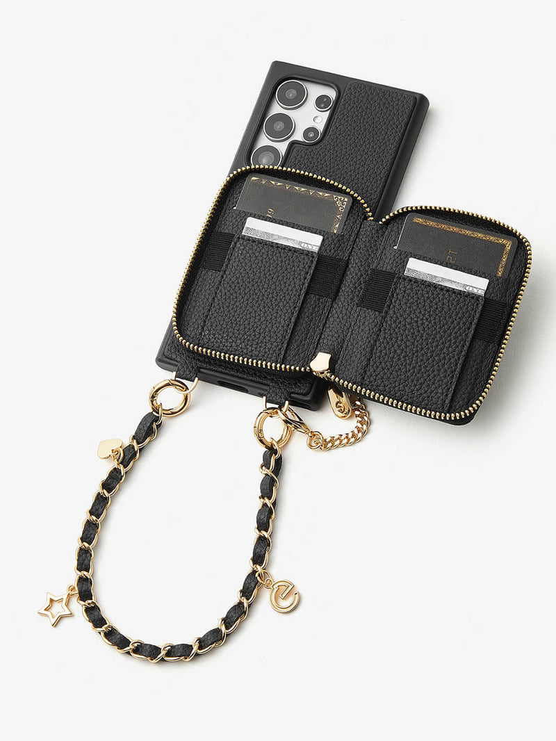 Allure Chain Series- Samsung Strap Wireless Charging Phone Case with Detachable Purse & Grip-Mobile Phone Cases-DETACHABLE WALLET & WIRELESS CHARGING-Beige-Samsung S25 Ultra-Custype