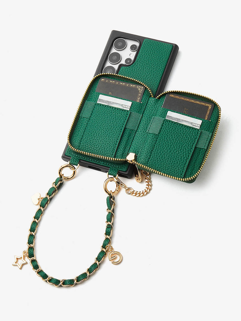 Allure Chain Series- Samsung Strap Wireless Charging Phone Case with Detachable Purse & Grip-Mobile Phone Cases-DETACHABLE WALLET & WIRELESS CHARGING-Beige-Samsung S25 Ultra-Custype