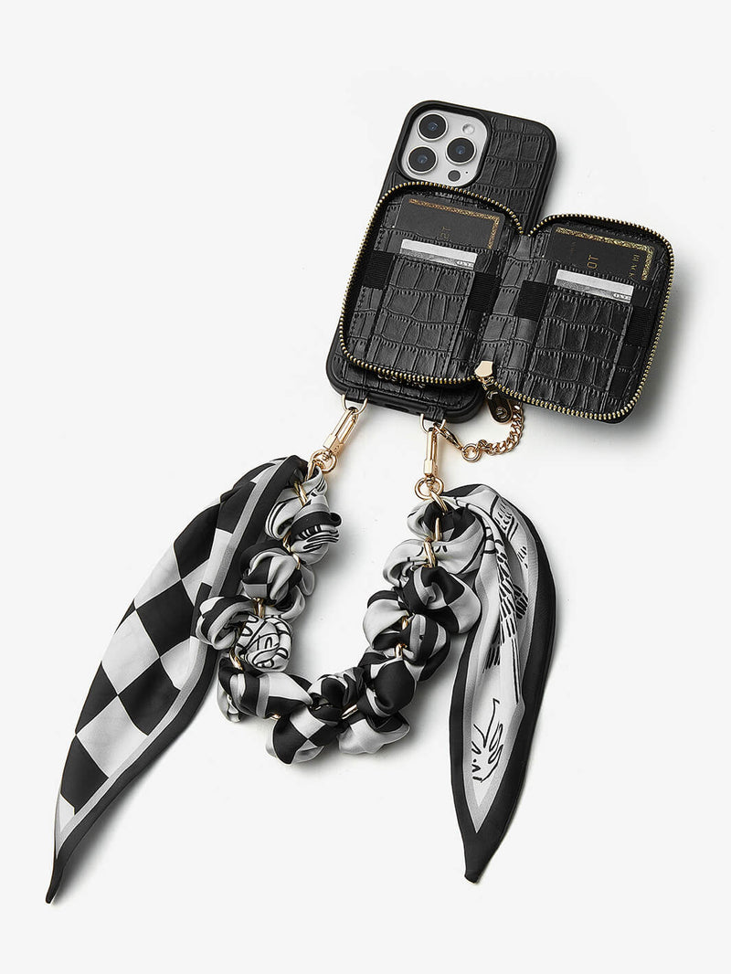 Silk Flair Set- Crocodile Wrist Lanyard Wallet Phone Case Compatible MagSafe-Mobile Phone Cases-WRISTBAND & PHONE POUCH-White-iPhone 16 Pro Max-Custype