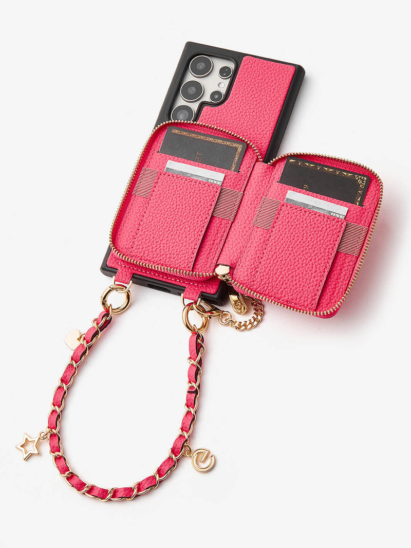 Allure Chain Series- Samsung Strap Wireless Charging Phone Case with Detachable Purse & Grip-Mobile Phone Cases-DETACHABLE WALLET & WIRELESS CHARGING-Beige-Samsung S25 Ultra-Custype