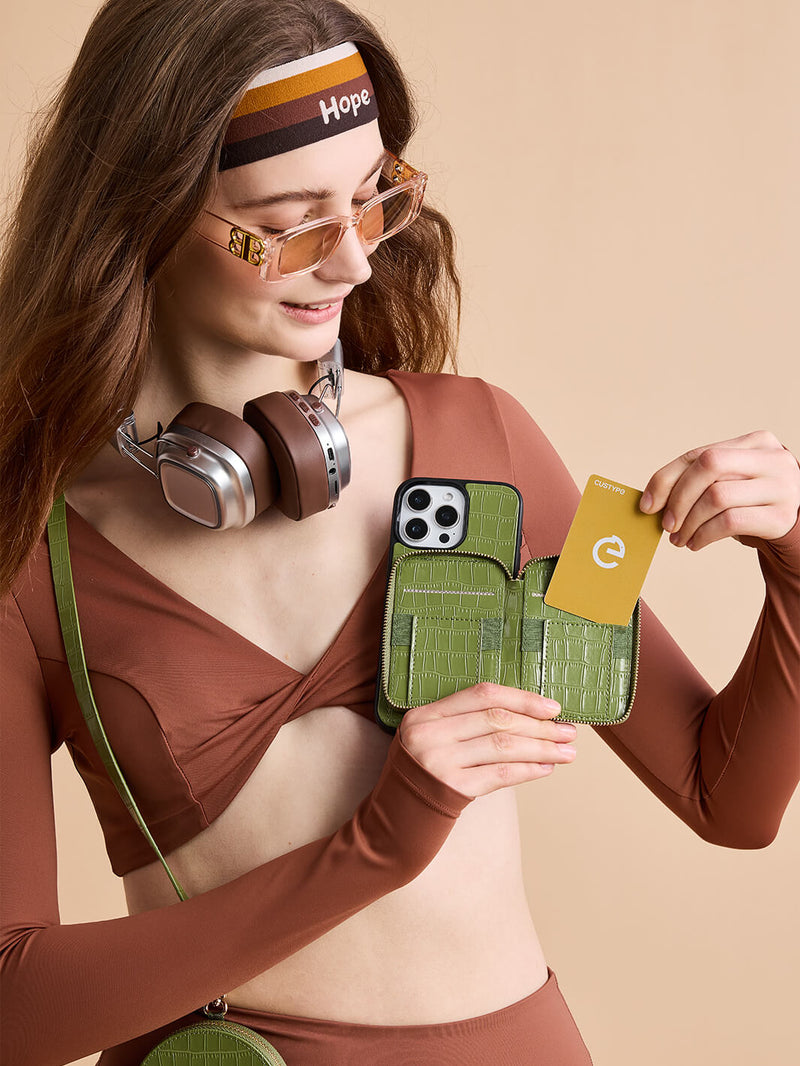 Crocodile Design Set- Detachable Wireless Charging Crossbody E-Stand Wallet Phone Case Round Pouch Set-Mobile Phone Cases-DETACHABLE WALLET & ROUND POUCH-Brown-iPhone 16 Pro Max-Custype