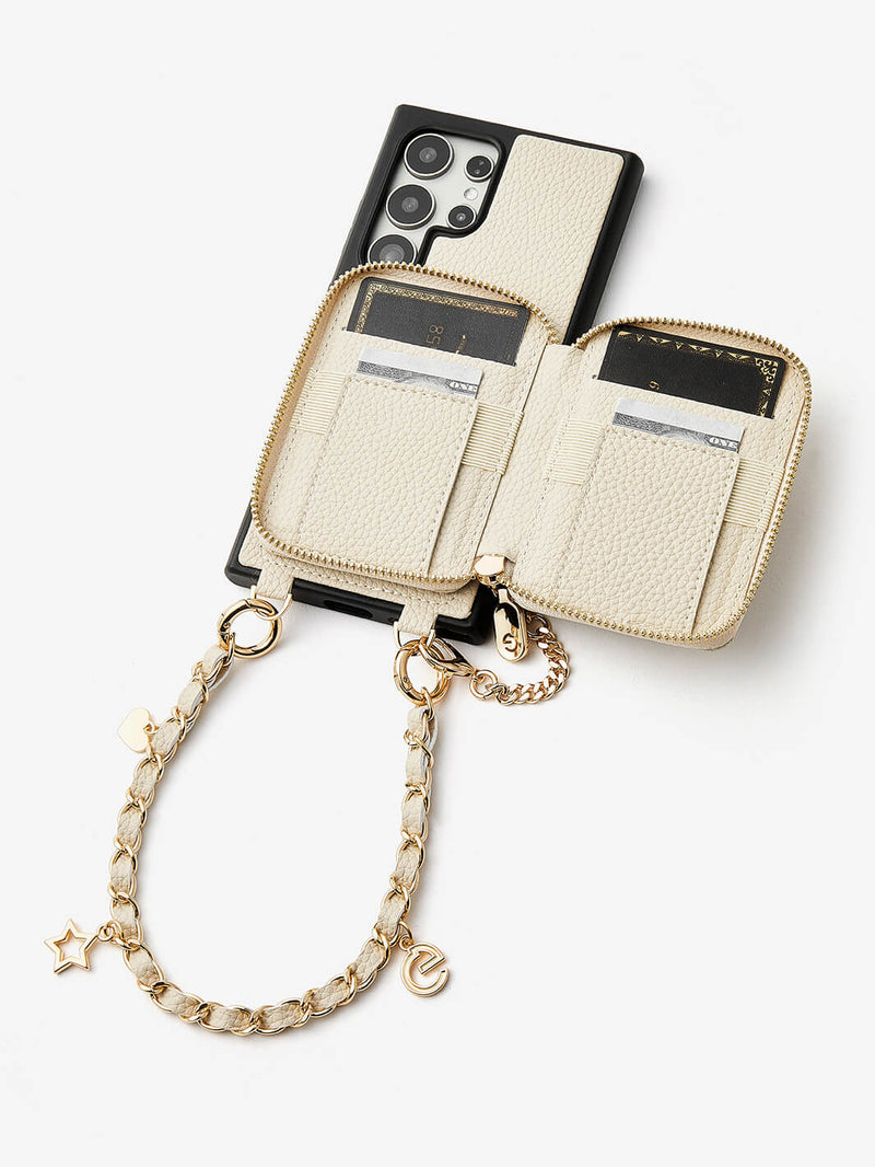 Allure Chain Series- Samsung Strap Wireless Charging Phone Case with Detachable Purse & Grip-Mobile Phone Cases-DETACHABLE WALLET & WIRELESS CHARGING-Beige-Samsung S25 Ultra-Custype