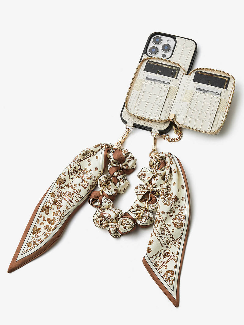 Silk Flair Set- Crocodile Wrist Lanyard Wallet Phone Case Compatible MagSafe-Mobile Phone Cases-WRISTBAND & PHONE POUCH-White-iPhone 16 Pro Max-Custype