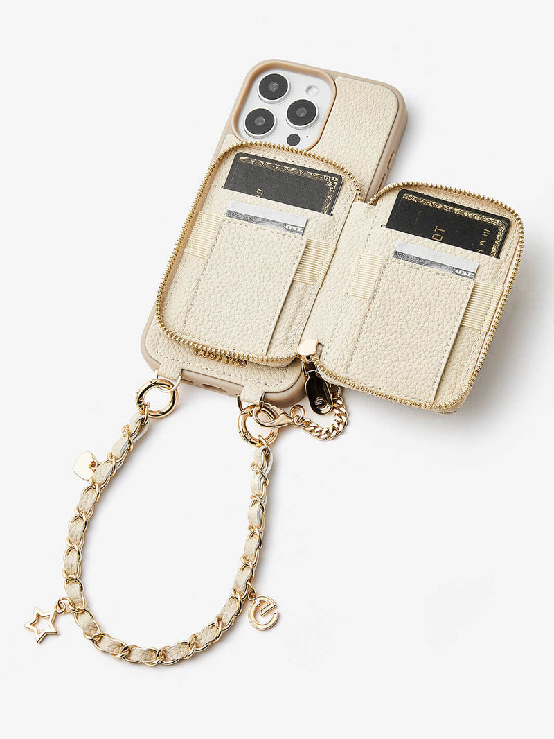 Beige phone cover with wrist strap

