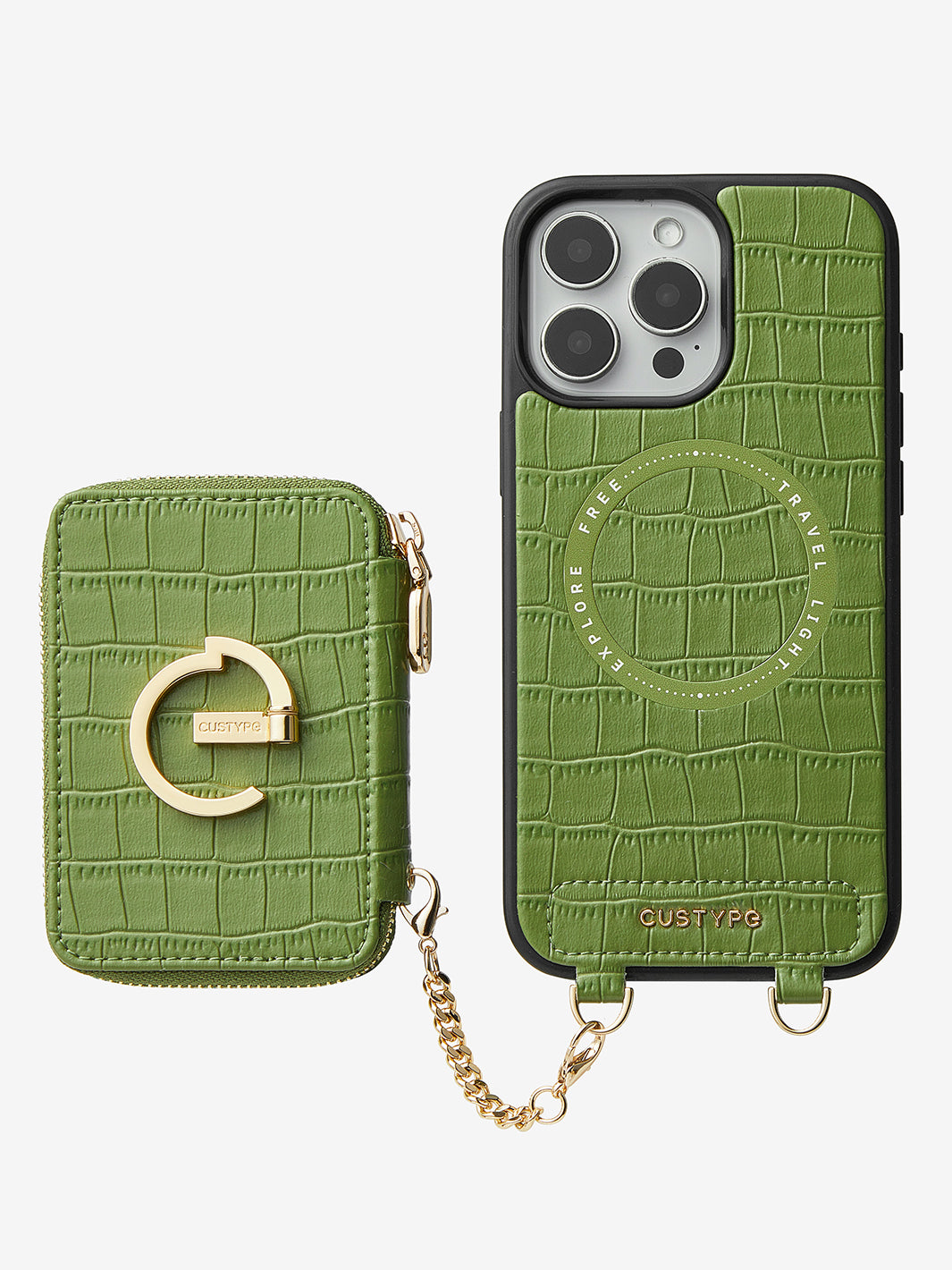 Crocodile Design Set- Crossbody Wireless Charging E-stand Wallet Phone Case Round Pouch Set