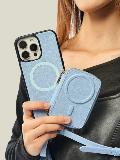 Unique Design Set- Detachable Wireless Charging Crossbody Wallet Phone Case Round Pouch Set-Mobile Phone Cases-DETACHABLE WALLET & ROUND POUCH-Blue-iPhone 16 Pro Max-Custype