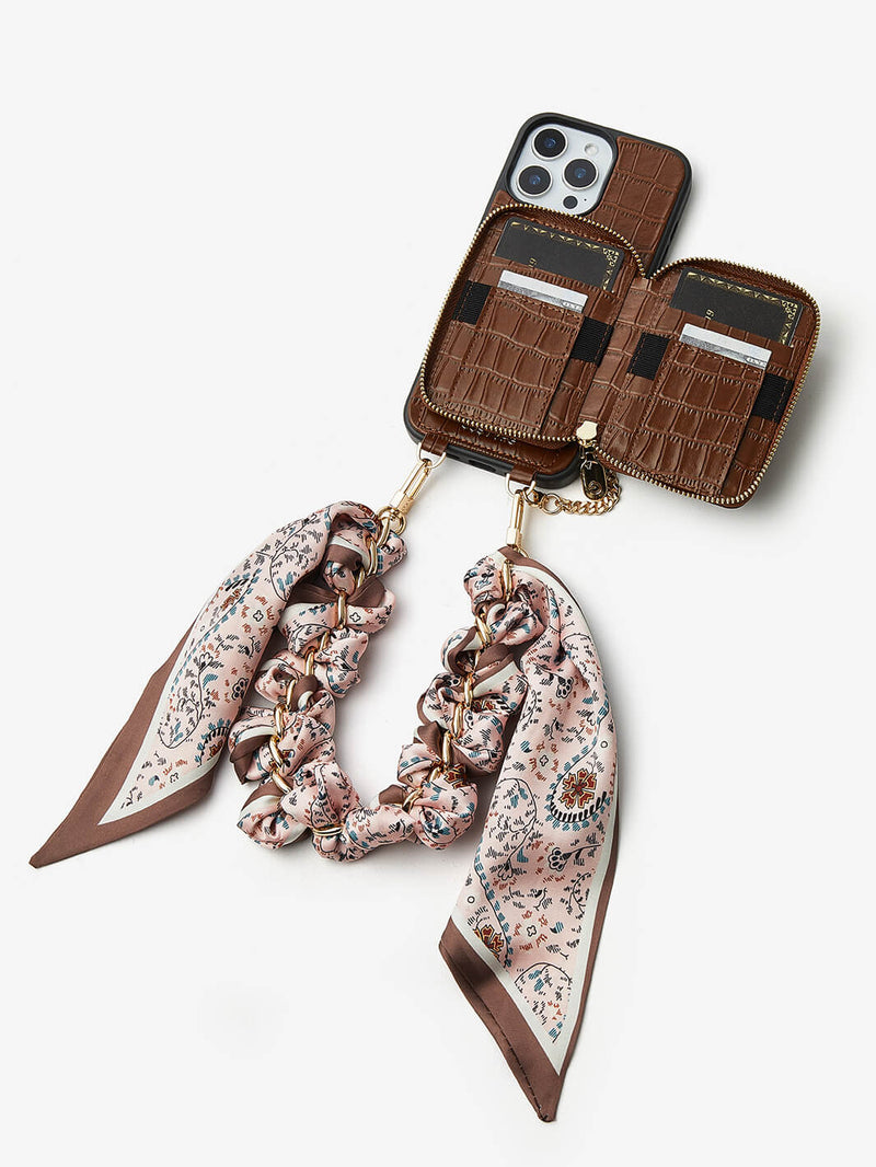 Silk Flair Set- Crocodile Wrist Lanyard Wallet Phone Case Compatible MagSafe-Mobile Phone Cases-WRISTBAND & PHONE POUCH-White-iPhone 16 Pro Max-Custype