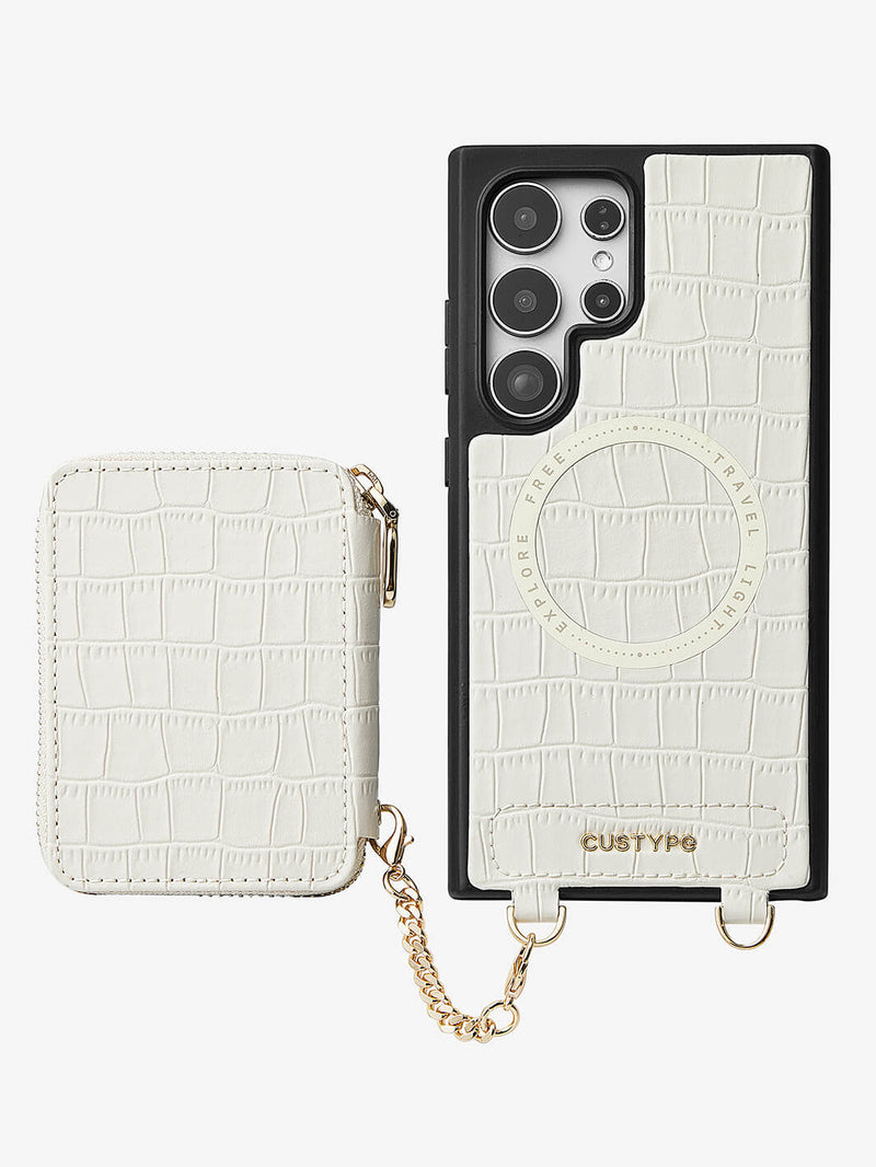 Silk Flair Set- Samsung Crocodile Removeable Wallet Phone Case with Wrist Strap-Mobile Phone Cases-WRISTBAND & PHONE POUCH-Brown-Samsung S25 Ultra-Custype