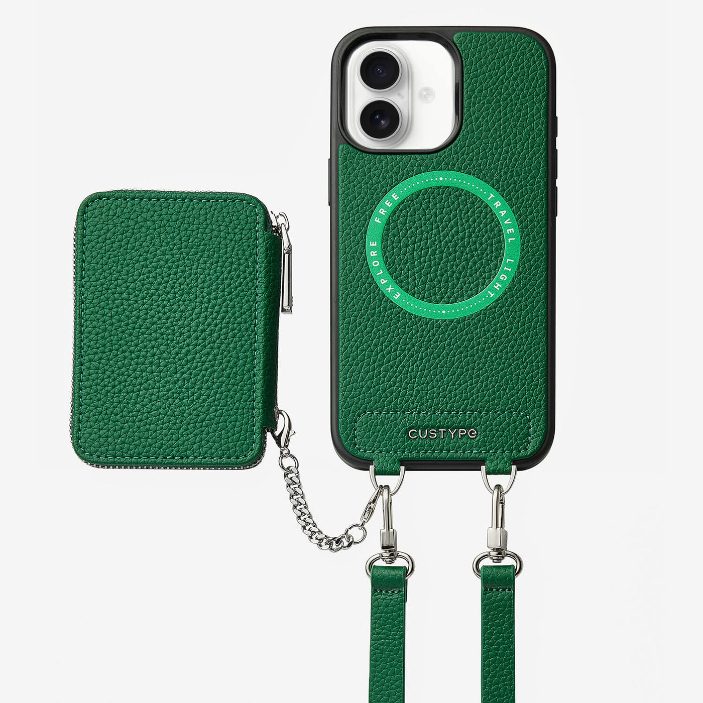 Lunar Silver Series- Wireless Charging Wallet Phone Case with Crossbody Strap-Mobile Phone Cases-DETACHABLE WALLET & PHONE POUCH-Green-iPhone 16 Plus-Custype