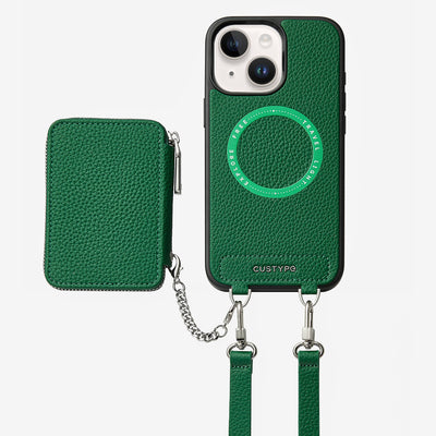 Lunar Silver Series- Wireless Charging Wallet Phone Case with Crossbody Strap-Mobile Phone Cases-DETACHABLE WALLET & PHONE POUCH-Green-iPhone 15 Plus-Custype