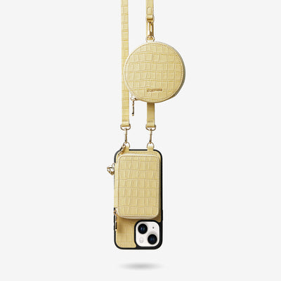 Crocodile Craft Set- Detachable Wireless Charging Crossbody Wallet Phone Case Round Pouch Set-Mobile Phone Cases-DETACHABLE WALLET & ROUND POUCH-Beige Yellow-iPhone 15 Plus-Custype