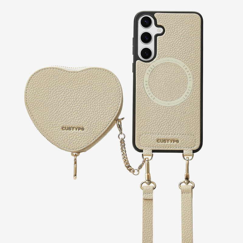 Heart Design Kit- Samsung Galaxy Detachable Wireless Charging Crossbody Wallet Phone Case Pouch Set-Mobile Phone Cases-DETACHABLE WALLET & WIRELESS CHARGING-Beige-Samsung S25 Plus-Custype