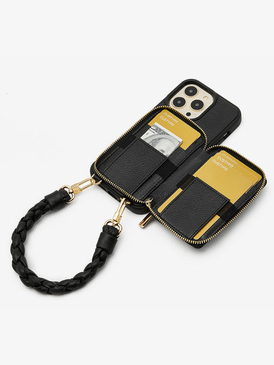 Wallet phone case with wristband black holder iPhone cover