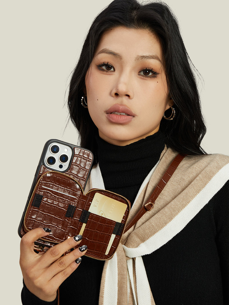 Crocodile Craft Set- Detachable Wireless Charging Crossbody Wallet Phone Case Set-Mobile Phone Cases-DETACHABLE WALLET & WIRELESS CHARGING-Black-iPhone 16 Pro Max-Custype