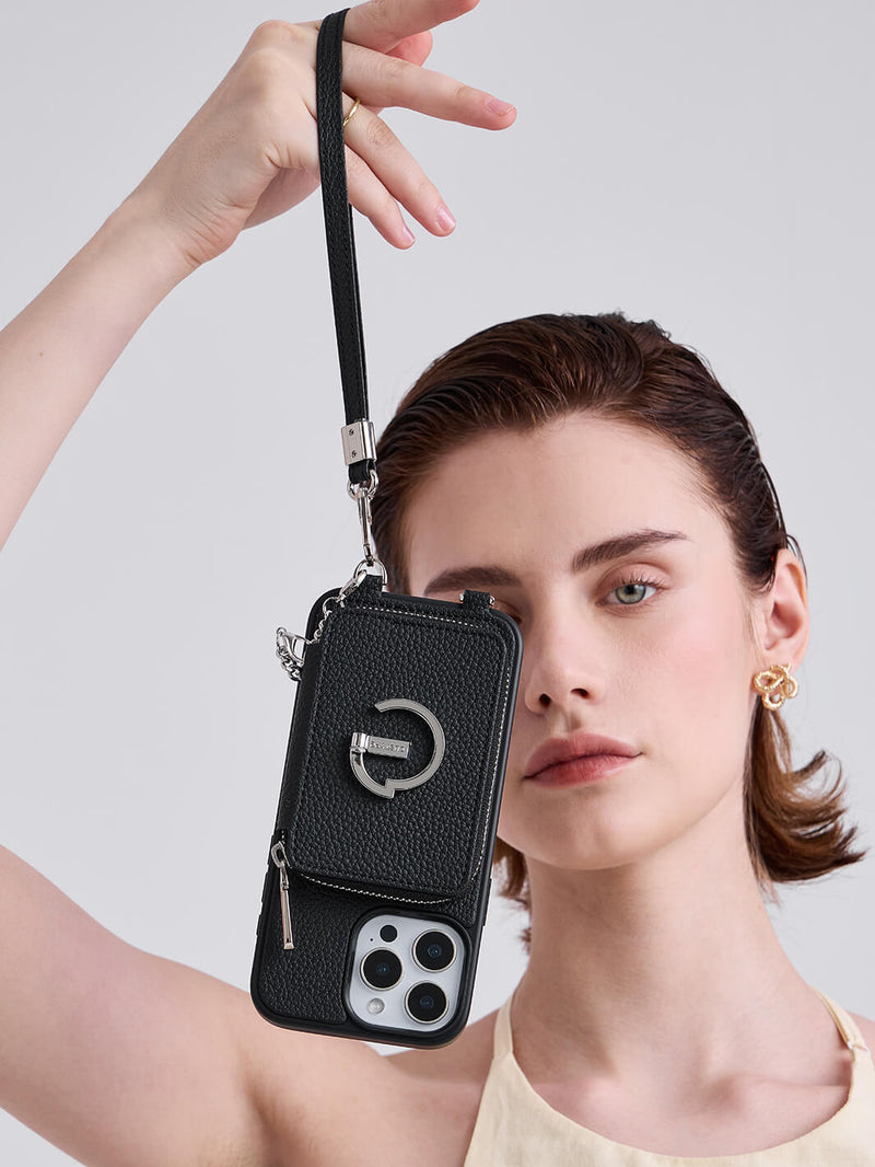 Silver Edge Kit- Versatile Magnetic E-stand Card Holder Case for iPhone with Round Pouch & Shoulder Strap-Mobile Phone Cases-DETACHABLE WALLET & ROUND POUCH-Green-iPhone 16 Pro Max-Custype