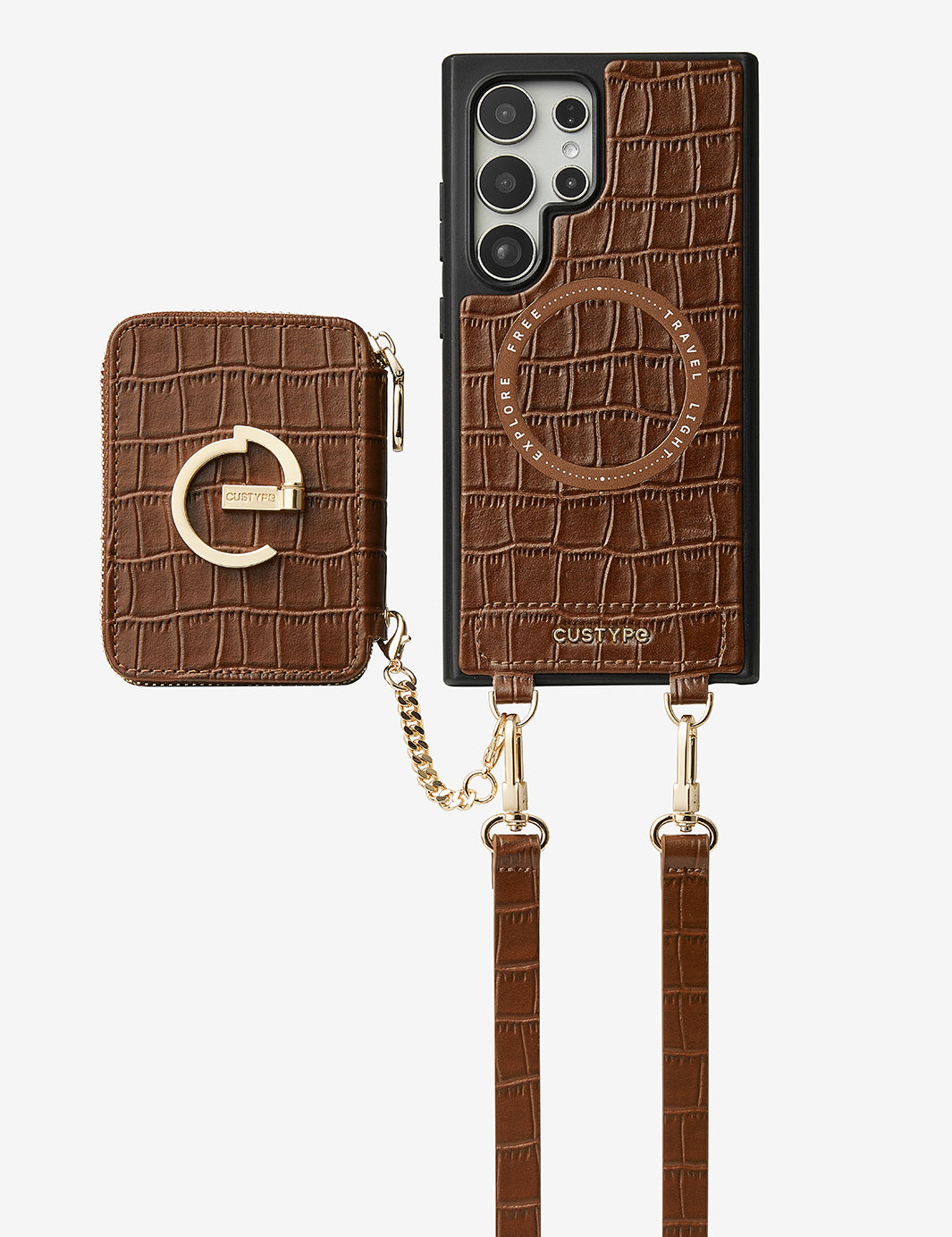 Crocodile Design Set- Samsung Galaxy Magnetic Grip Wallet Phone Case with Carrying Strap-Mobile Phone Cases-DETACHABLE WALLET & WIRELESS CHARGING-Black-Samsung S25 Ultra-Custype