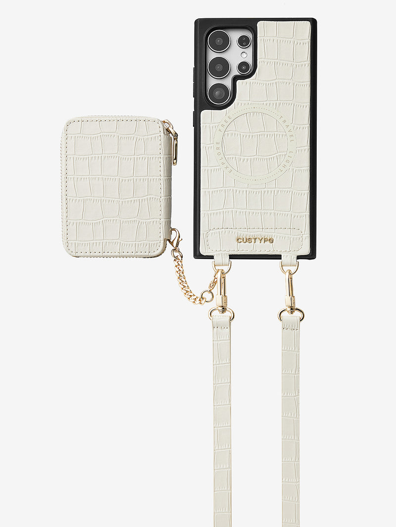 Crocodile Craft Set- Samsung Galaxy Strap Magsafe Compatible Phone Wallet Case with Circle Pouch-Mobile Phone Cases-DETACHABLE WALLET & ROUND POUCH-Green-Samsung S25 Ultra-Custype