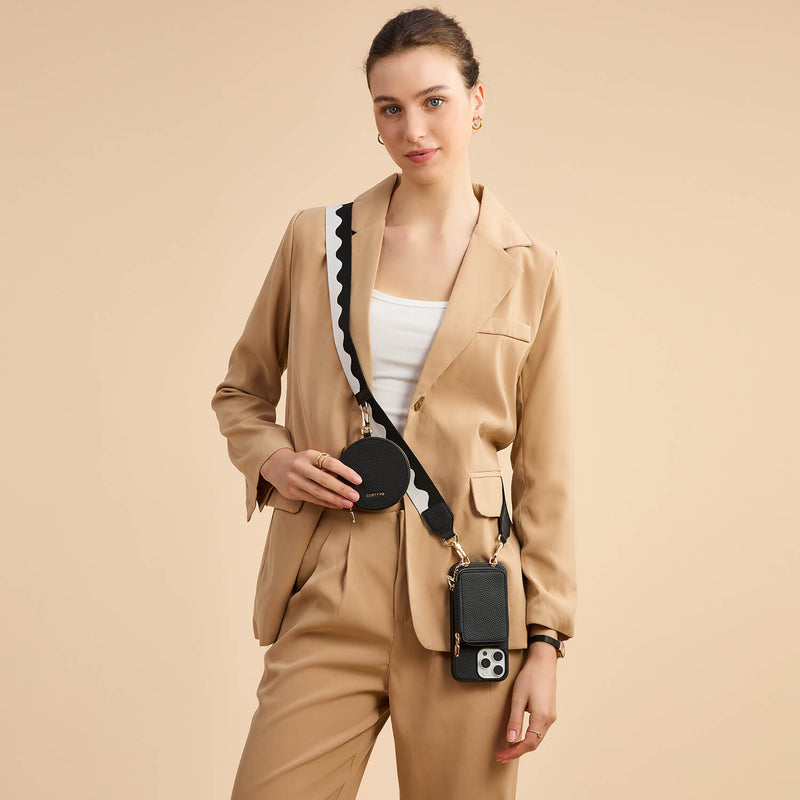 Unique Design Set- Bicolor Webbing Wireless Charging Crossbody Phone Case Round Pouch Set-Custype