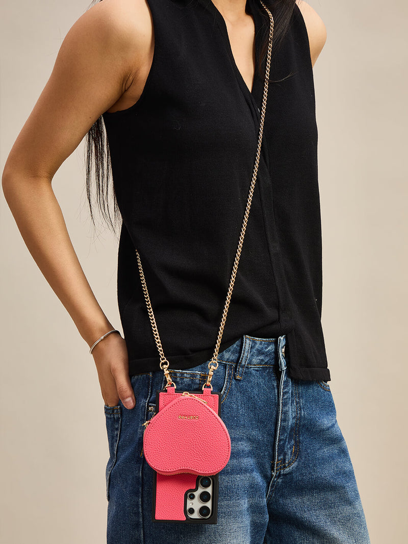 Heart Chain Kit- Samsung Galaxy Crossbody Case with removable Card Organizer-Mobile Phone Cases-DETACHABLE WALLET & WIRELESS CHARGING-Black-Samsung S25 Ultra-Custype