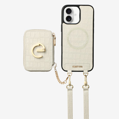 Crocodile Design Set- Detachable Wireless Charging Crossbody E-stand Wallet Phone Case Set-Mobile Phone Cases-DETACHABLE WALLET & WIRELESS CHARGING-White-iPhone 16 Plus-Custype