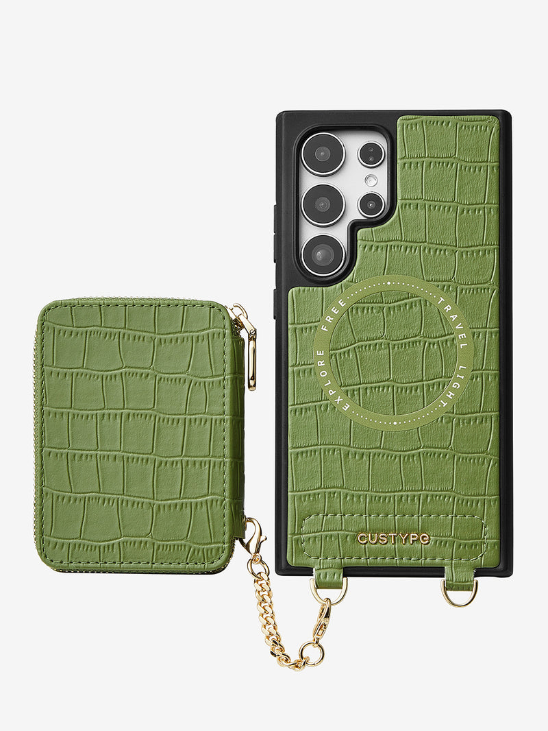 Silk Flair Set- Samsung Crocodile Removeable Wallet Phone Case with Wrist Strap-Mobile Phone Cases-WRISTBAND & PHONE POUCH-Brown-Samsung S25 Ultra-Custype