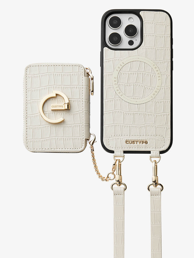 Crocodile Design Set- Detachable Wireless Charging Crossbody E-stand Wallet Phone Case Set-Mobile Phone Cases-DETACHABLE WALLET & WIRELESS CHARGING-White-iPhone 16 Pro Max-Custype