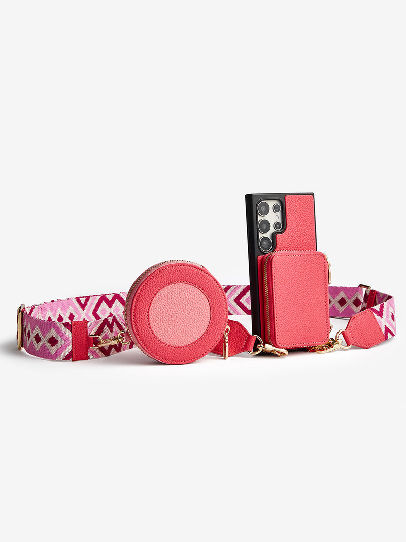 Unique Design Set- Samsung Galaxy Wireless Charging Webbing Crossbody Phone Case Round Pouch Set-Mobile Phone Cases-DETACHABLE WALLET & ROUND POUCH-Beige-Samsung S25 Ultra-Custype