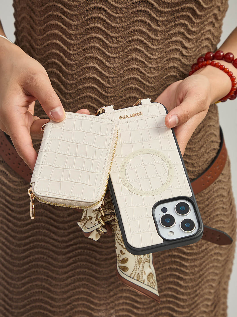 Silk Flair Set- Crocodile Wrist Lanyard Wallet Phone Case Compatible MagSafe-Mobile Phone Cases-WRISTBAND & PHONE POUCH-White-iPhone 16 Pro Max-Custype