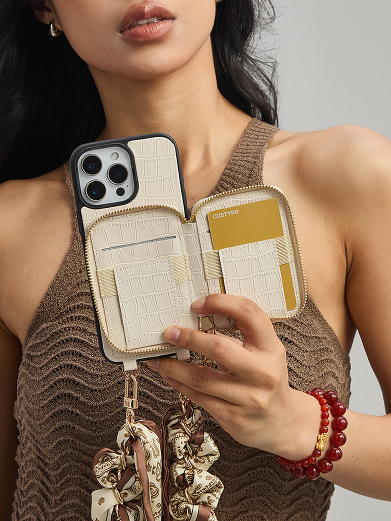 Silk Flair Set- Crocodile Wrist Lanyard Wallet Phone Case Compatible MagSafe-Mobile Phone Cases-WRISTBAND & PHONE POUCH-White-iPhone 16 Pro Max-Custype