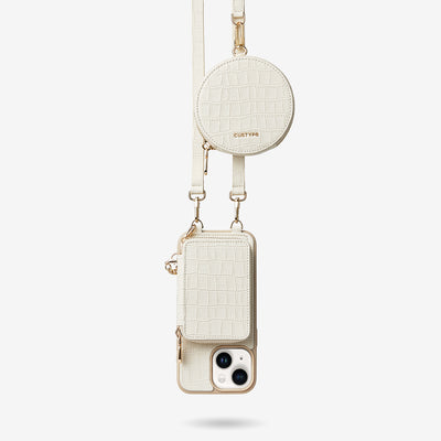 Crocodile Craft Set- Detachable Wireless Charging Crossbody Wallet Phone Case Round Pouch Set-Mobile Phone Cases-DETACHABLE WALLET & ROUND POUCH-White-iPhone 15 Plus-Custype