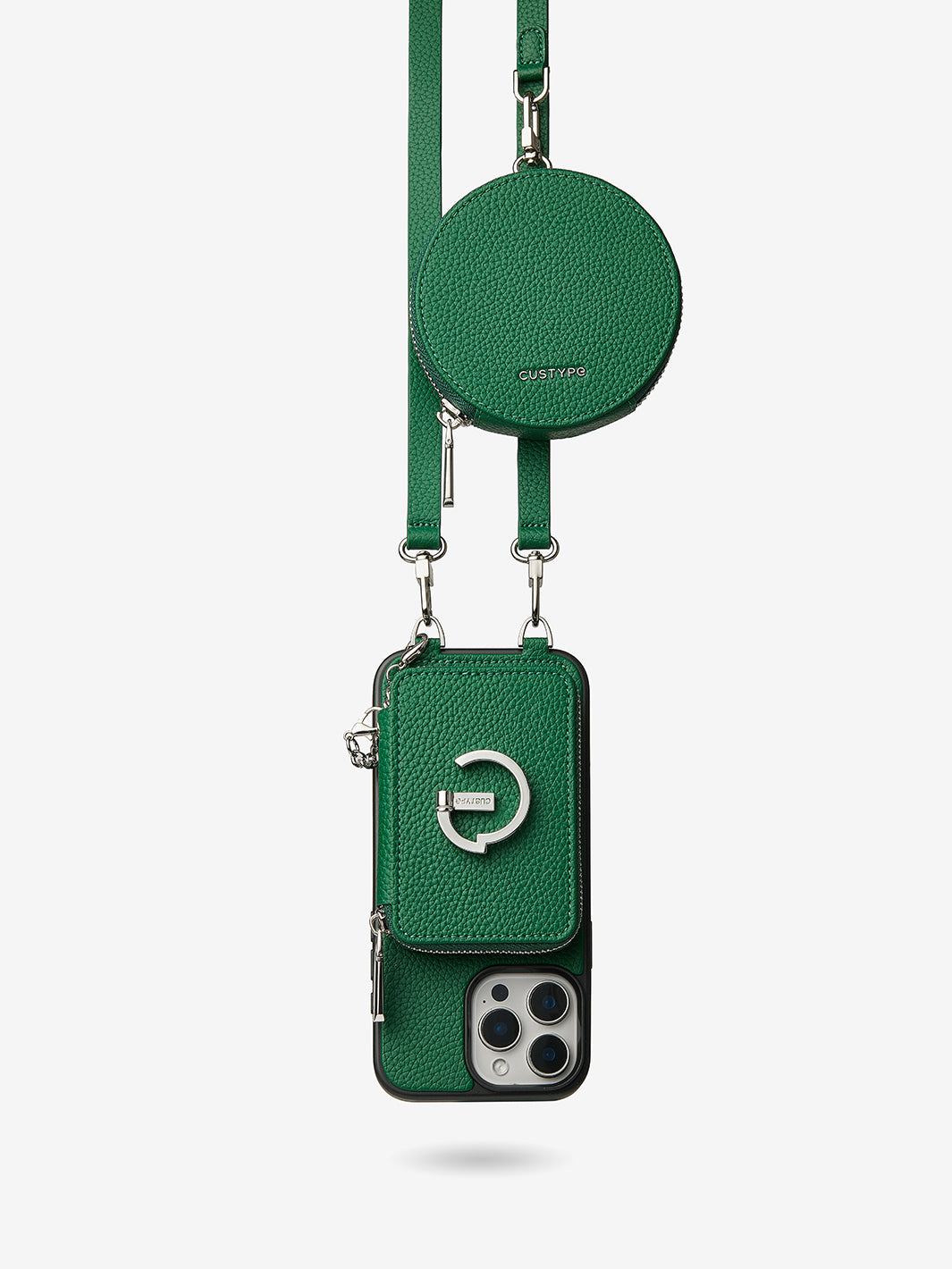 Silver Edge Kit- Versatile Magnetic E-stand Card Holder Case for iPhone with Round Pouch & Shoulder Strap-Mobile Phone Cases-DETACHABLE WALLET & ROUND POUCH-Green-iPhone 16 Pro Max-Custype