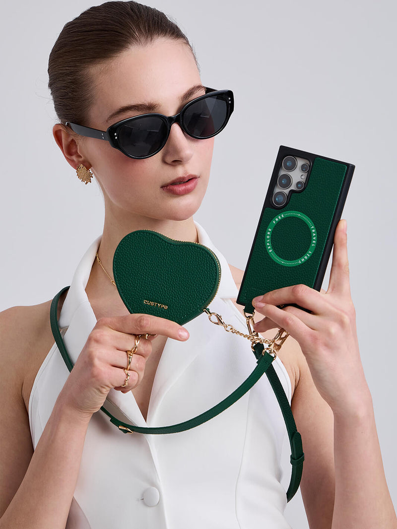 Heart Design Kit- Samsung Galaxy Detachable Wireless Charging Crossbody Wallet Phone Case Pouch Set-Mobile Phone Cases-DETACHABLE WALLET & WIRELESS CHARGING-Green-Samsung S25 Ultra-Custype
