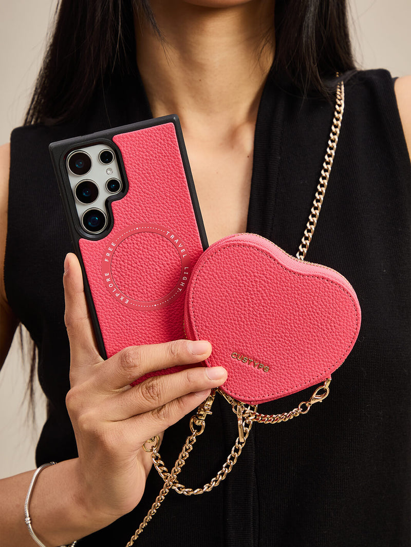 Heart Chain Kit- Samsung Galaxy Crossbody Case with removable Card Organizer-Mobile Phone Cases-DETACHABLE WALLET & WIRELESS CHARGING-Black-Samsung S25 Ultra-Custype