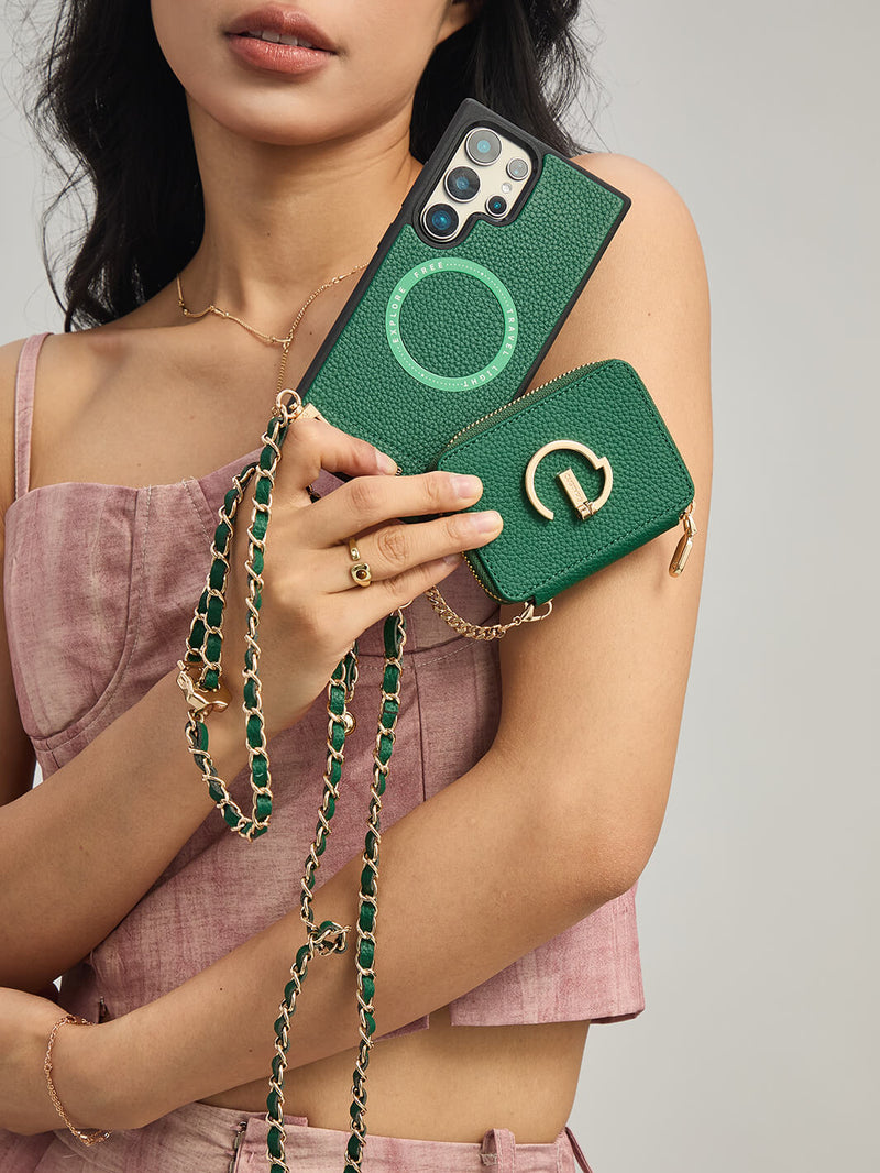 Allure Chain Series- Samsung Strap Wireless Charging Phone Case with Detachable Purse & Grip-Mobile Phone Cases-DETACHABLE WALLET & WIRELESS CHARGING-Beige-Samsung S25 Ultra-Custype