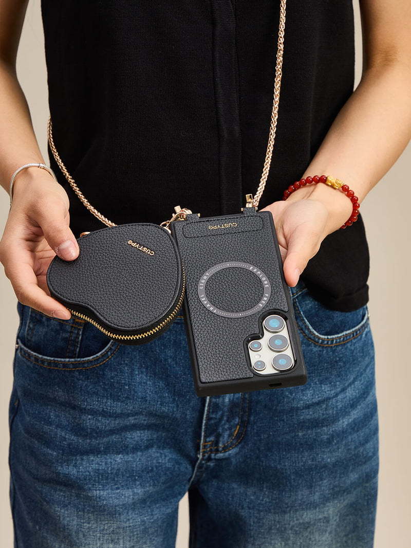 Heart Twist Chain- Samsung Galaxy Magnetic Phone Case with Card Slots & Shoulder Strap-Mobile Phone Cases-DETACHABLE WALLET & WIRELESS CHARGING-Peach Pink-Samsung S25 Ultra-Custype