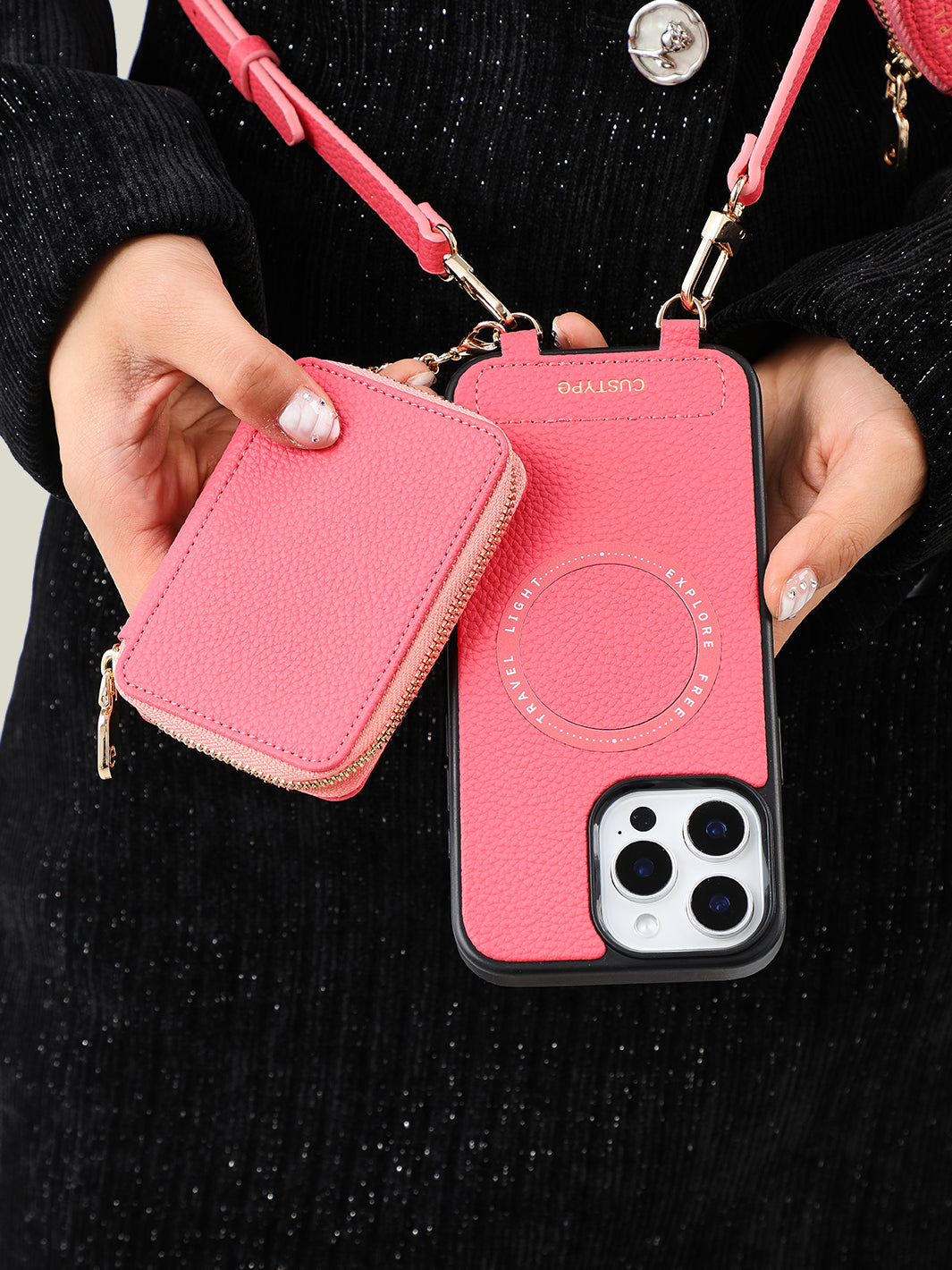 Unique Design Set- Detachable Wireless Charging Crossbody Wallet Phone Case Round Pouch Set