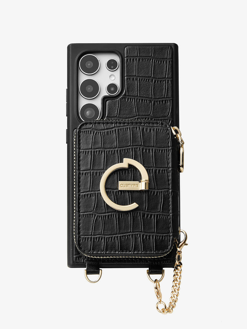 Crocodile Design Set- Samsung Galaxy Magnetic Grip Wallet Phone Case with Carrying Strap-Mobile Phone Cases-DETACHABLE WALLET & WIRELESS CHARGING-Black-Samsung S25 Ultra-Custype