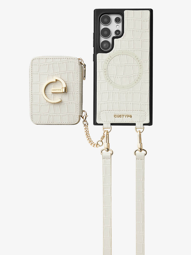 Crocodile Design Set- Samsung Galaxy Magnetic Grip Wallet Phone Case with Carrying Strap-Mobile Phone Cases-DETACHABLE WALLET & WIRELESS CHARGING-Black-Samsung S25 Ultra-Custype