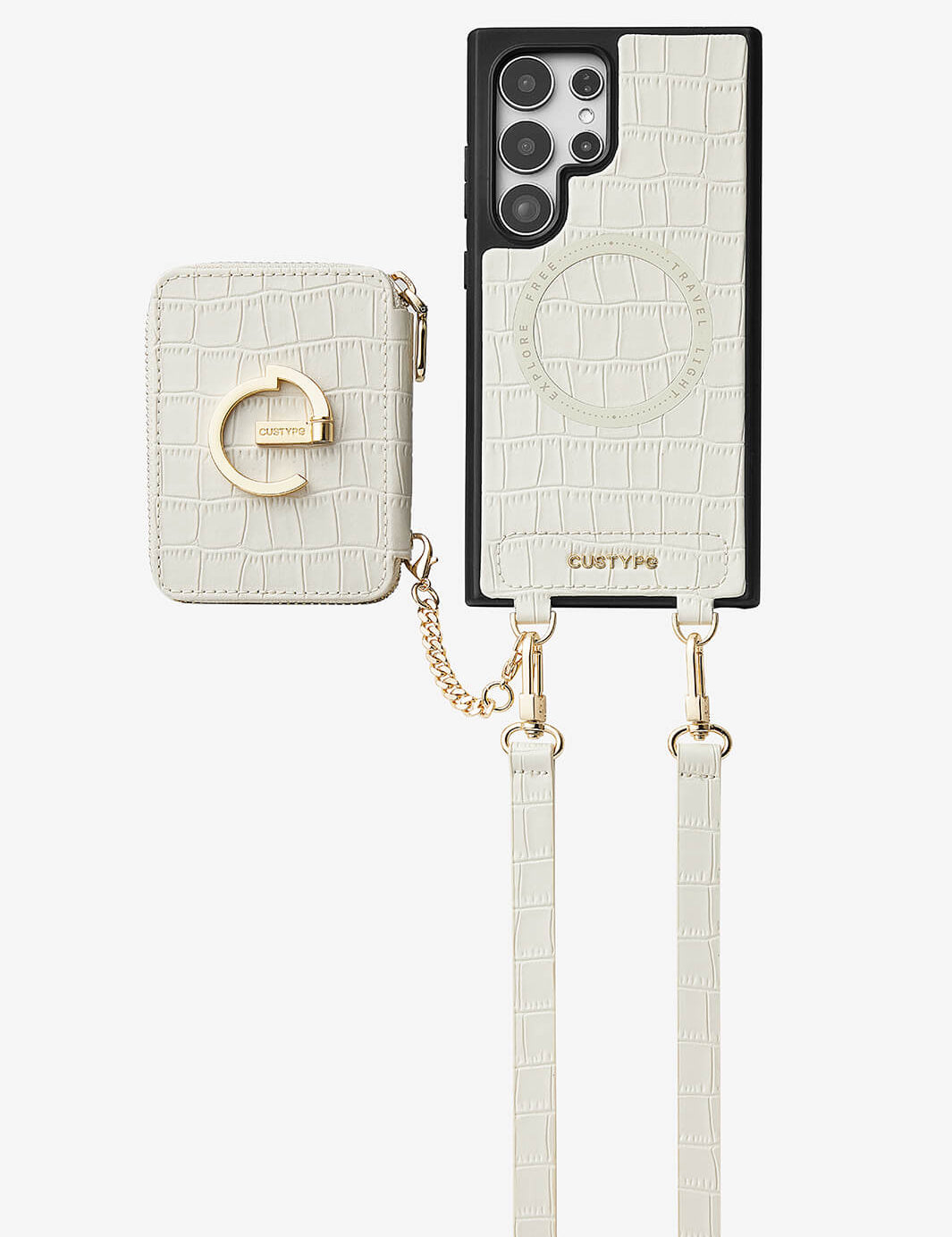 Crocodile Design Set- Samsung Galaxy Magnetic Grip Wallet Phone Case with Carrying Strap-Mobile Phone Cases-DETACHABLE WALLET & WIRELESS CHARGING-Black-Samsung S25 Ultra-Custype