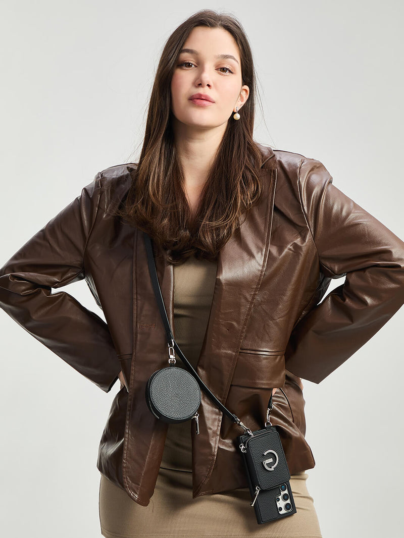 Silver Edge Kit- Samsung Galaxy Strap Magnetic Wallet Phone Case with Round Purse & Kickstand-Mobile Phone Cases-DETACHABLE WALLET & ROUND POUCH-Black-Samsung S25 Ultra-Custype